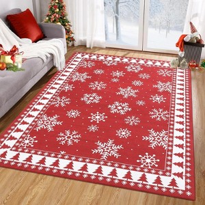 Christmas Area Rug, Xmas Tree & Snowflake Carpet, Washable Non-Slip Stain-Resistant Holiday Decorative Floor Cover - 1 of 4