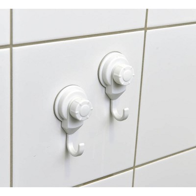 White Plastic and Metal Suction Cup Wall Hooks Set of 2
