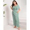 Women's Plus Size Wide Leg Floral Jumpsuits Casual Summer Outfits with Belt Bell Sleeve Smocked Floral Green 3XL - 3 of 4
