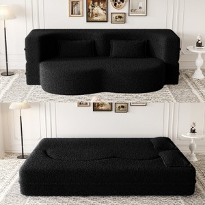 MYINDA Modern Floor Sofa,Convertible Teddy Fabric  Sleeper Sofa Bed,15" Full Size Folding Mattress for Living Room,Guest Bed - 1 of 4