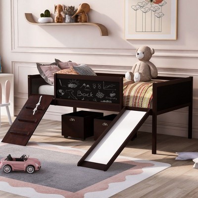 NicBex Twin Size Loft Bed with Ladder & 2 Storage Boxes,Loft Bed Frame with Guardrails & Slide,Bed Frame for Kids,Box Spring Not Required,Esprsso