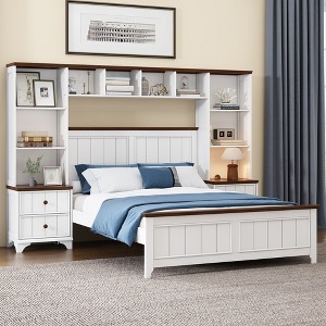 VYNXARIA Solid Pine Wood Platform Bed with Nightstands and Storage Shelf - White & Walnut - 1 of 4