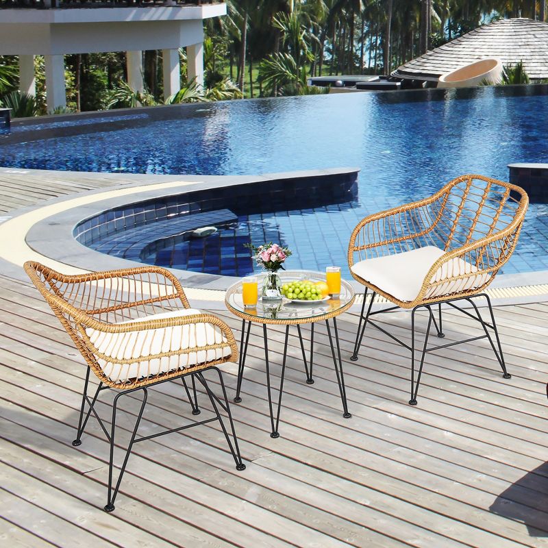 Costway 3PCS Patio Rattan Bistro Furniture Set Cushioned Chair Table, 2 of 11