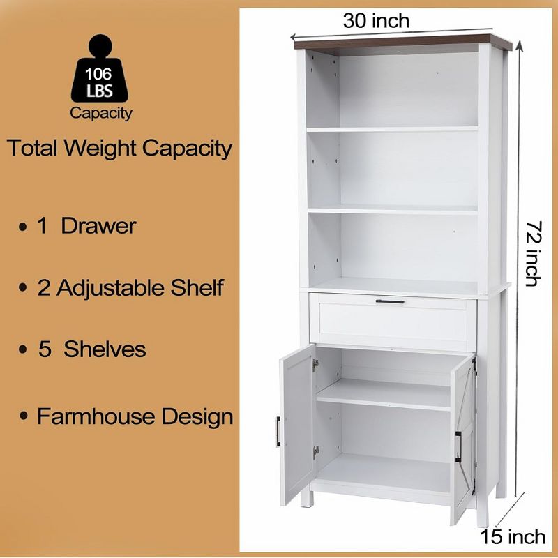 Whizmax Farmhouse Storage Cabinet, 5 Shelf Bookshelf, Versatile Storage Cabinet with Doors and Adjustable Shelves (White), 3 of 5
