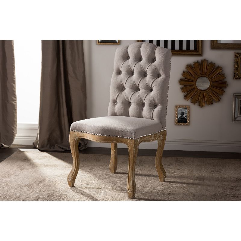 Hudson Weathered Oak Finish and Fabric Button Tufted Upholstered Dining Chair Beige - Baxton Studio: High Back, Linen, Wood Frame, 6 of 8
