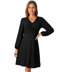 Allegra K Women's A-Line Long Sleeve Criss Cross Textured V Neck Dress - 1 of 4