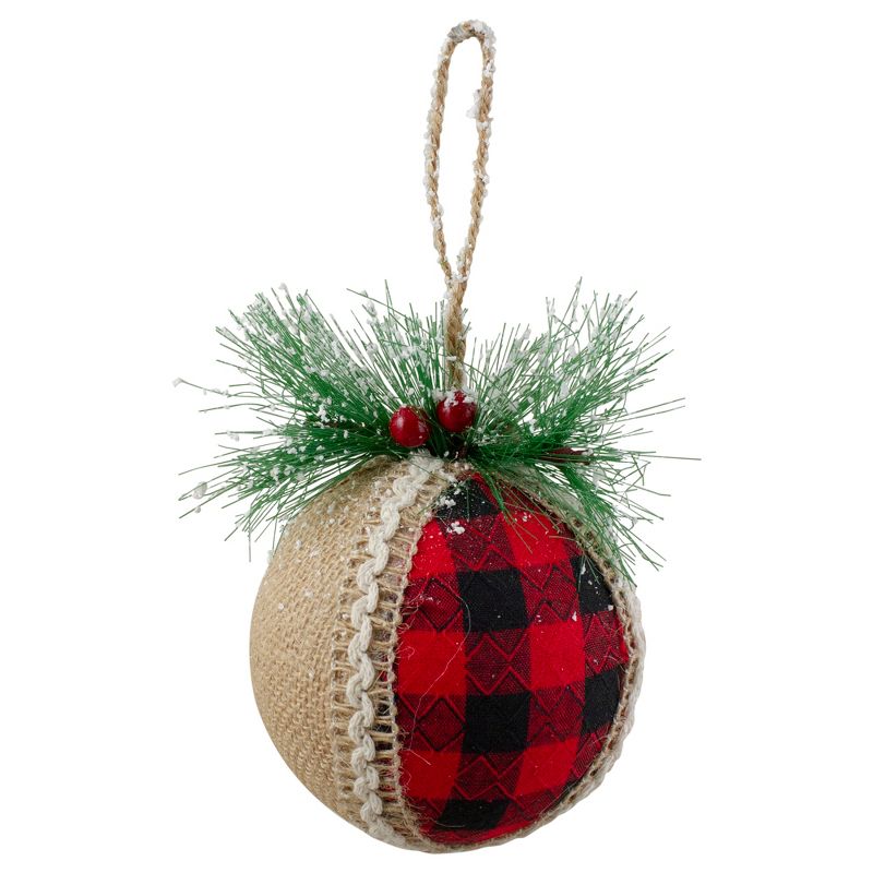 Northlight Set of 4 Red and Black Plaid with Burlap Christmas Ball Ornaments 6" (152mm), 3 of 4