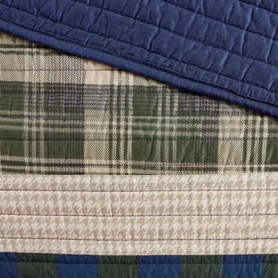 Blue and Green Plaid Cotton King Quilt Set
