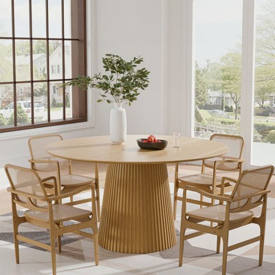 PexFix 52" Round Dining Table for 6 People Modern Pedestal Table with Fluted Cone Base & Wood MDF Top for Small Space Kitchen Dining Room Cafe Natural