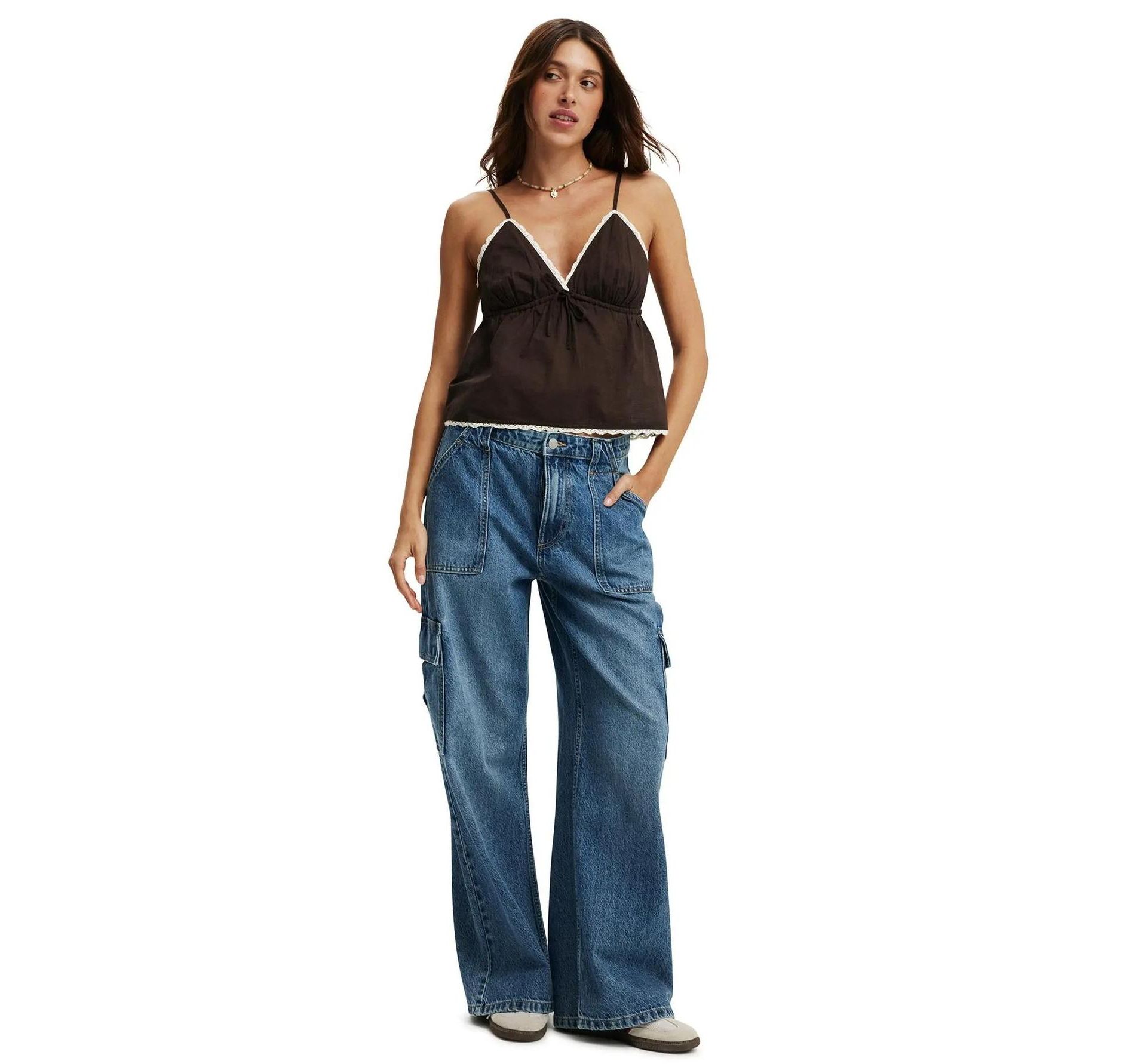 Womens Baggy Cargo Jeans High Waist Wide Leg Jeans Vintage Denim Pants with Pockets