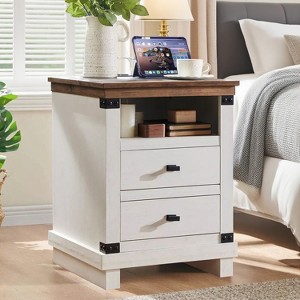 SinCiDo Nightstand with Charging Station, 18" Farmhouse Night Stand with 2 Drawers, Wood Rustic End Table - 1 of 4