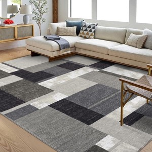 Non-Slip Washable Rugs, Low Pile Ultra-Thin Geometric Rug, Contemporary Boxes Print Color-Blocked Soft Carpet for Living Room Bedroom Home Office - 1 of 4