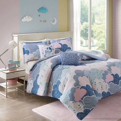 Blue Cotton Twin Kids Comforter Set with Cloud Print