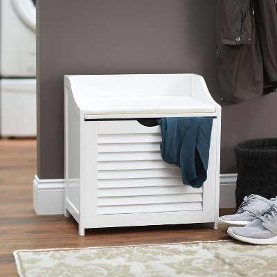 White Wooden Hamper Bench with Shutter Front and Lid