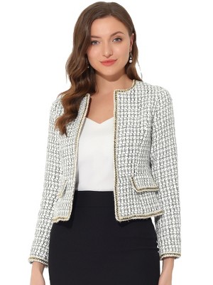 INSPIRE CHIC Women's Long Sleeve Open Front Work Office Short Plaid Tweed Blazer