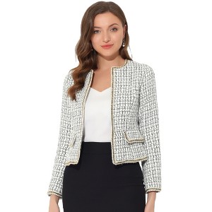 INSPIRE CHIC Women's Long Sleeve Open Front Work Office Short Plaid Tweed Blazer - 1 of 4