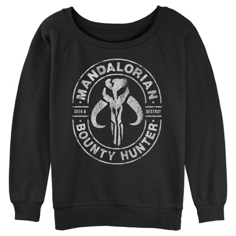 Juniors Womens Star Wars: The Mandalorian Seek & Destroy Stamp Sweatshirt - image 1 of 3