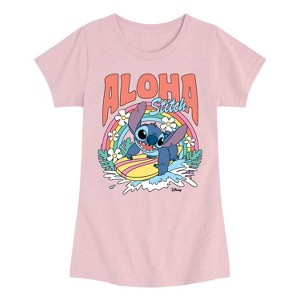 Girls' - Disney - Aloha Stitch Rainbow Surf- Youth Girls Short Sleeve T-Shirt Fitted Short Sleeve Graphic T-Shirt - 1 of 3