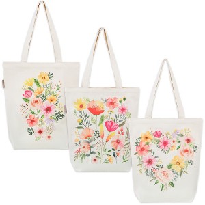 Talented Kitchen 3-Pack Graphic Tote Bags, 15 x 5.5 x 16 Inches, Reusable Grocery Bags with Handles with 3 Designs, (Wildflowers) - 1 of 4
