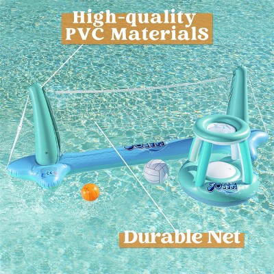 Large Blue Inflatable Pool Float Set with Volleyball Net and Basketball Hoops