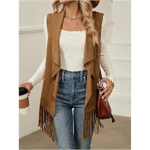Women's Long Boho Fringe Vest Sleeveless Notch Lapel Duster Cardigan Open Front Layering Piece S to 2XL - 1 of 4