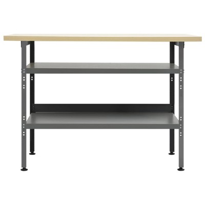 Sturdy Gray Steel Workbench with Adjustable Height and Storage Shelves