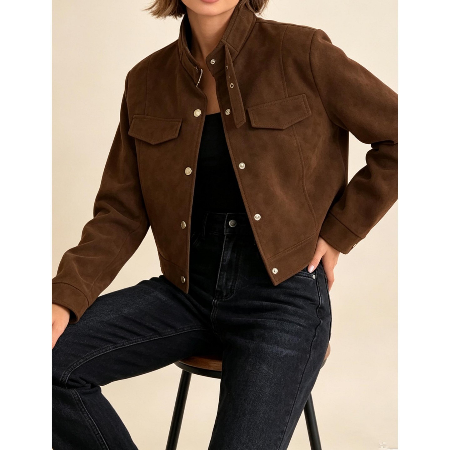 Женская куртка YesFashion Women Faux Suede Cropped Jacket Stand Collar Button Down Long Sleeve Casual Short Outerwear, Brown, цвет: Коричневый — фото 2