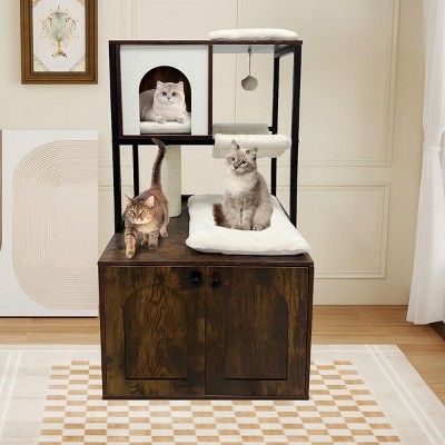 Cat Tree with Litter Box Enclosure, Wooden Cat Tower Litter Box Cabinet with Condo, Hammock, Scratching Post and Hanging Ball, Removable Cushions