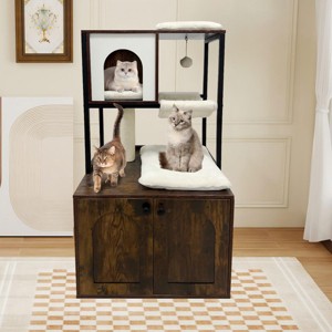 Cat Tree with Litter Box Enclosure, Wooden Cat Tower Litter Box Cabinet with Condo, Hammock, Scratching Post and Hanging Ball, Removable Cushions - 1 of 4