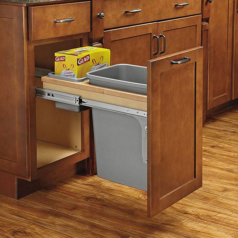 Rev-A-Shelf 4WCTM-15BBSCDM2 Double 27-Qt Maple Top Mount Pull Out Waste Containers with Soft Close Slides for 12" Wide 1.5" Faceframe Cabinet, 2 of 6
