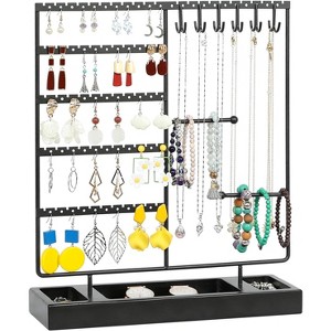 360° Rotating Jewelry Stand with Wooden Tray, Earring and Necklace Organizer for Bracelets, Watches & Rings, Black - 1 of 4