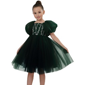 2Bunnies Girls Babydoll Sequin Bodice Tulle Bow Princess Dress Puff Sleeve - 1 of 4