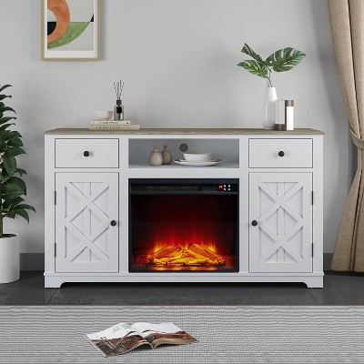 65" Off-White Farmhouse TV Stand with Electric Fireplace