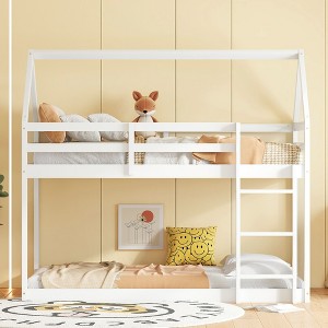 NicBex Twin Over Twin Rubber Wood Floor Bunk Bed,House-Shaped-Bunk Bed Frame with Ladder and Safety Guardrail for Kids Teens Dorm Rooms - 1 of 4