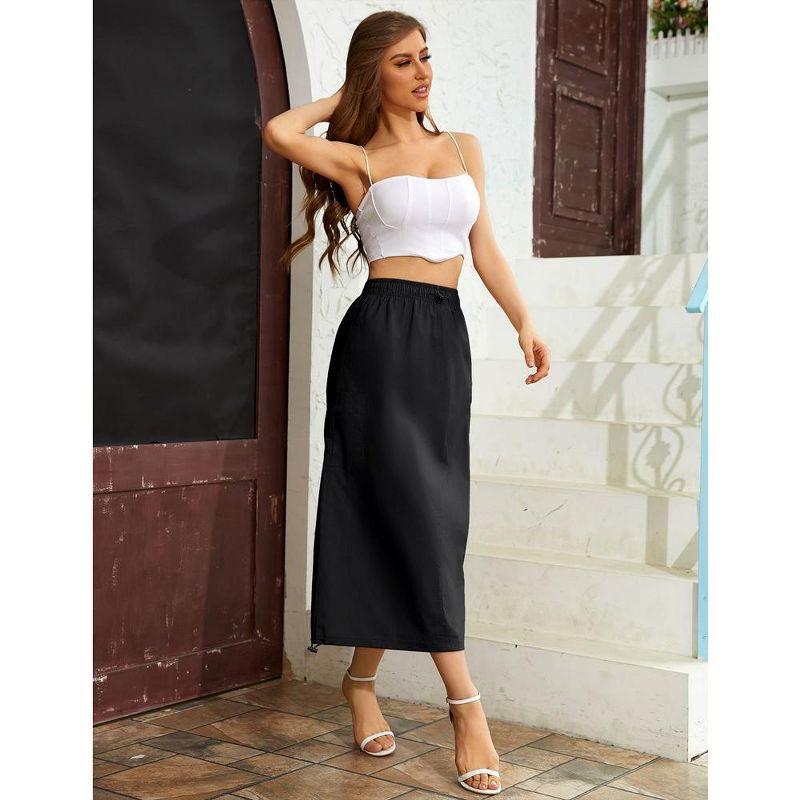 Women Y2k Cargo Long Skirt Drawstring Waist Casual Back Ruched Vintage Slit Skirts with Pockets, 4 of 8