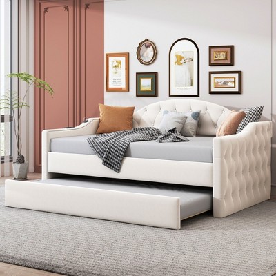 NicBex Twin Size Daybed Upholstered Frame Day Bed with Trundle, Sleeper Sofa with Tufted Button and Copper Nail for Apartment
