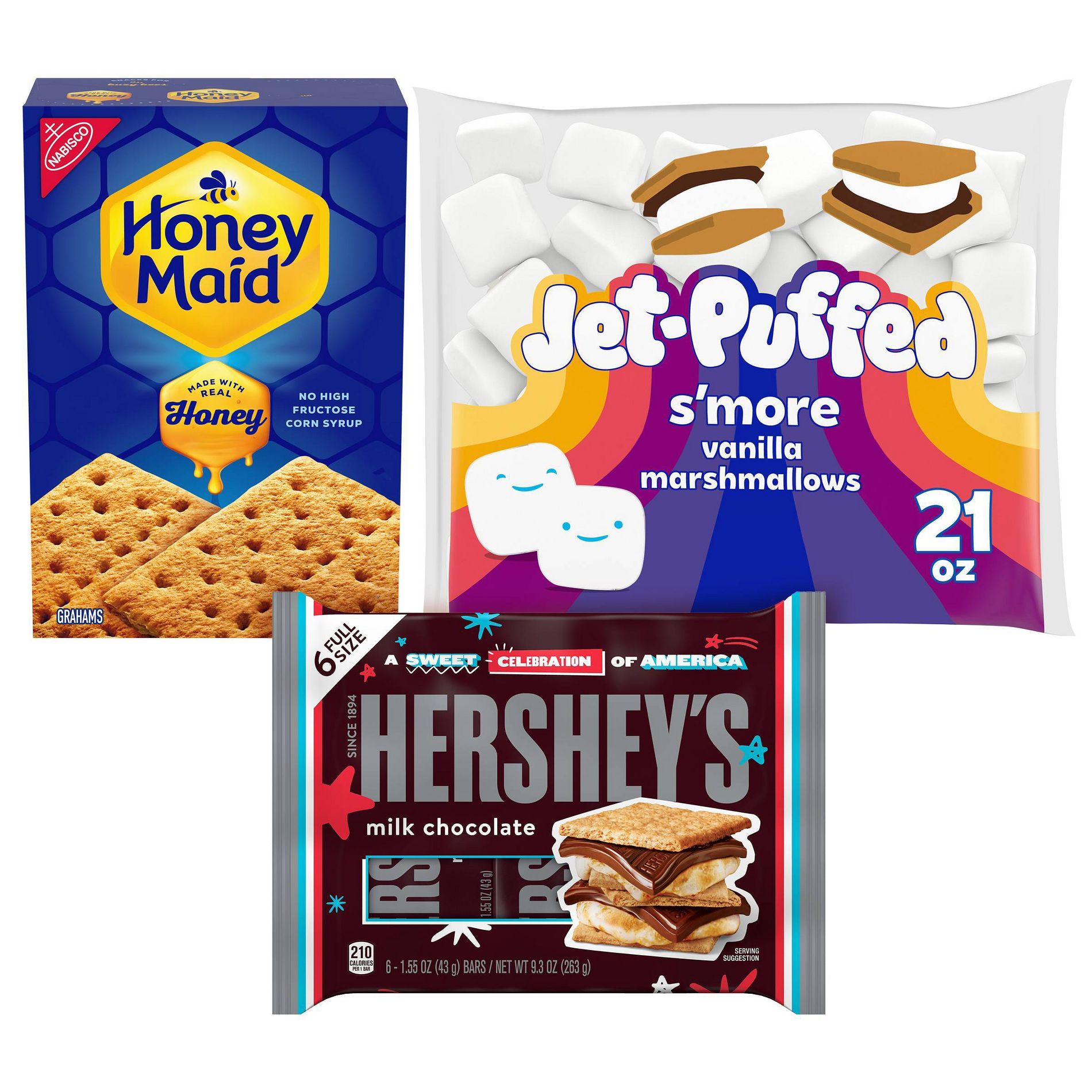 Jet-Puffed 21oz S'more Marshmallows + HERSHEY'S 6ct Milk Chocolate Candy Bar + Honey Maid 14.4oz Graham Crackers Lunch Snacks