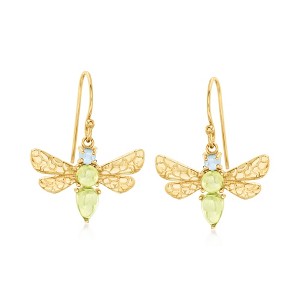 Ross-Simons 1.80 ct. t.w. Peridot and .30 ct. t.w. Swiss Blue Topaz Dragonfly Drop Earrings in 18kt Gold Over Sterling - 1 of 3