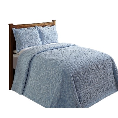 Blue Queen Cotton Chenille Tufted Bedspread Set