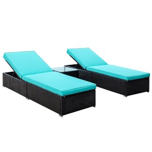 Resenkos Chaise Lounge Chair Set, Outdoor Sectional Furniture, PE Rattan Base, Polyester Fabric, Dark Brown and Turquoise - 1 of 4