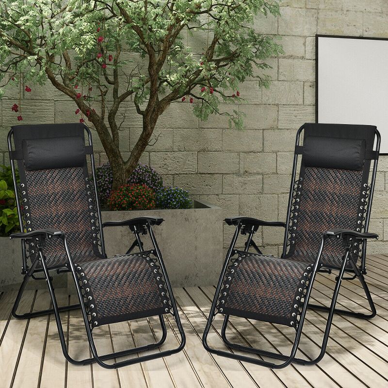 Tangkula 2PCS Mix Brown Folding Recliner Patio Rattan Zero Gravity Lounge Chair W/ Headrest, 2 of 6