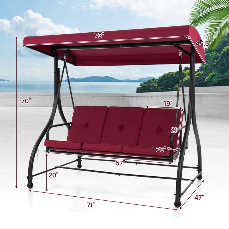 Costway 3-Seat Outdoor Converting Patio Swing Glider Adjustable Canopy Porch Swing Coffee/Black/Wine, 3 of 11