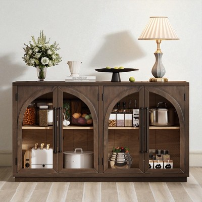 4-Door Arched Glass Sideboard Buffet Cabinet, Adjustable Shelves, Cable Management, Rubberwood Base, MDF with Oak/Birch Veneer, for Kitchen