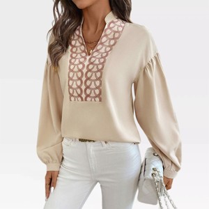 Gather Cuff Long Sleeve Blouse Deep Henley Neck Dressy Tops with Vintage Print Wide Neckline Business Casual Blouse for Women Fall - 1 of 4