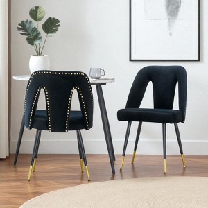 Mshliw Set of 2 Contemporary Velvet Upholstered Dining Chairs with Nailhead Trim and Gold-Tipped Black Metal Legs - 1 of 4