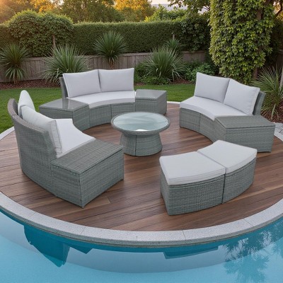 10-Piece Outdoor Rattan Modular Sectional Sofa Set with Coffee Table, Storage Box, Side Tables