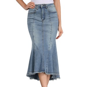 INSPIRE CHIC Women's Washed Denim High Waist Fishtail Pockets Casual Midi Skirt - 1 of 4