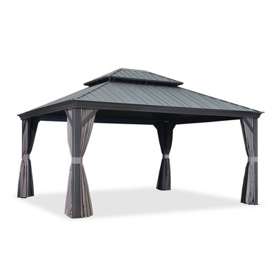 PURPLE LEAF Outdoor Gazebo Aluminum Frame Galvanized Steel Double Roof Patio Hardtop Gazebo with Curtains and Netting for Patio Lawn and Garden