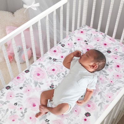 Pink Floral Microfiber Baby Quilt with Crib Skirt Set