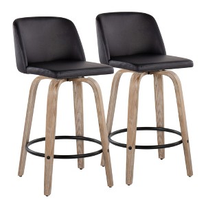 Contemporary 360¡ã Swivel Counter Stools with Padded Faux Leather Seat, Bent Wood Legs, and Round Metal Footrest (Set of 2) for Kitchen - 1 of 4